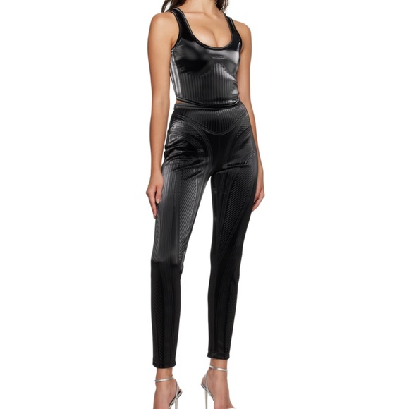 Mugler Glossy Black Embossed Logo Leggings with Stirups FR38 US28 6 $825